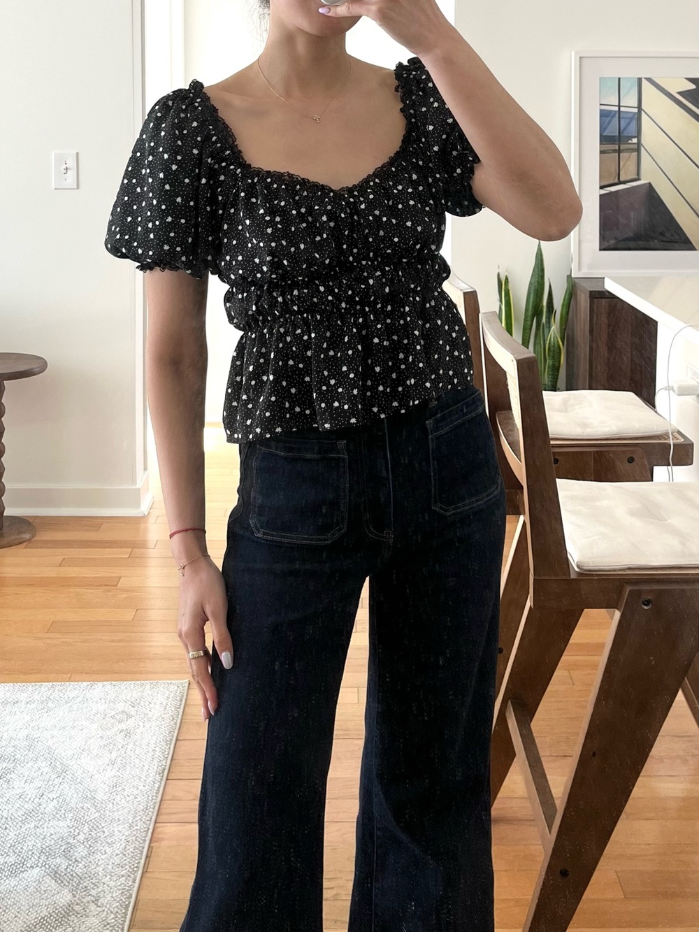 Line & Dot Black Puff Sleeve Smocked Peplum Top with White Dot Print